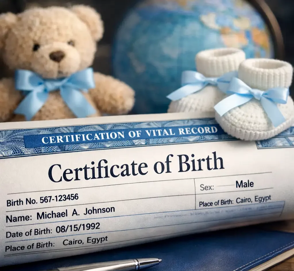 Register a child born abroad in Egypt — legalisation, translation, civil registry route